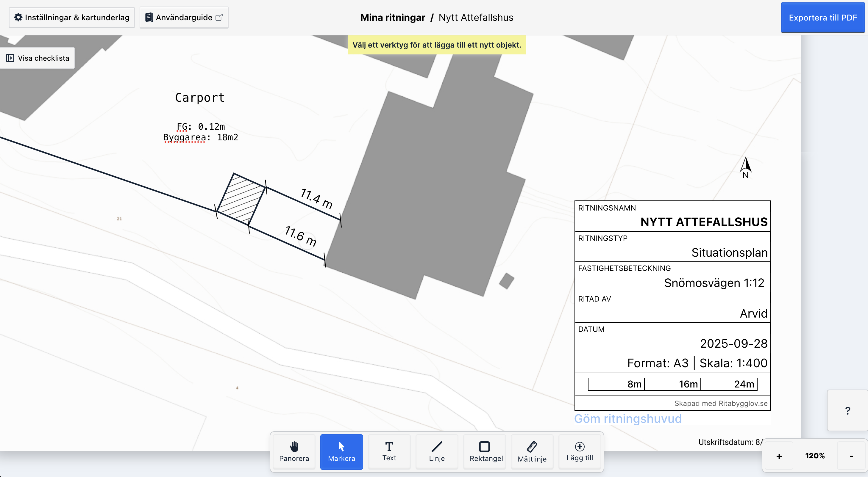 Ifyllt ritningshuvud för vår attefallshus